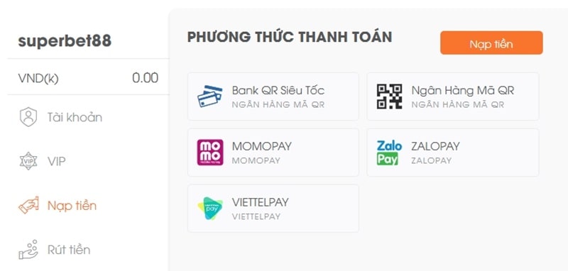 Giao diện trang nạp tiền tại nhà cái Ga6789